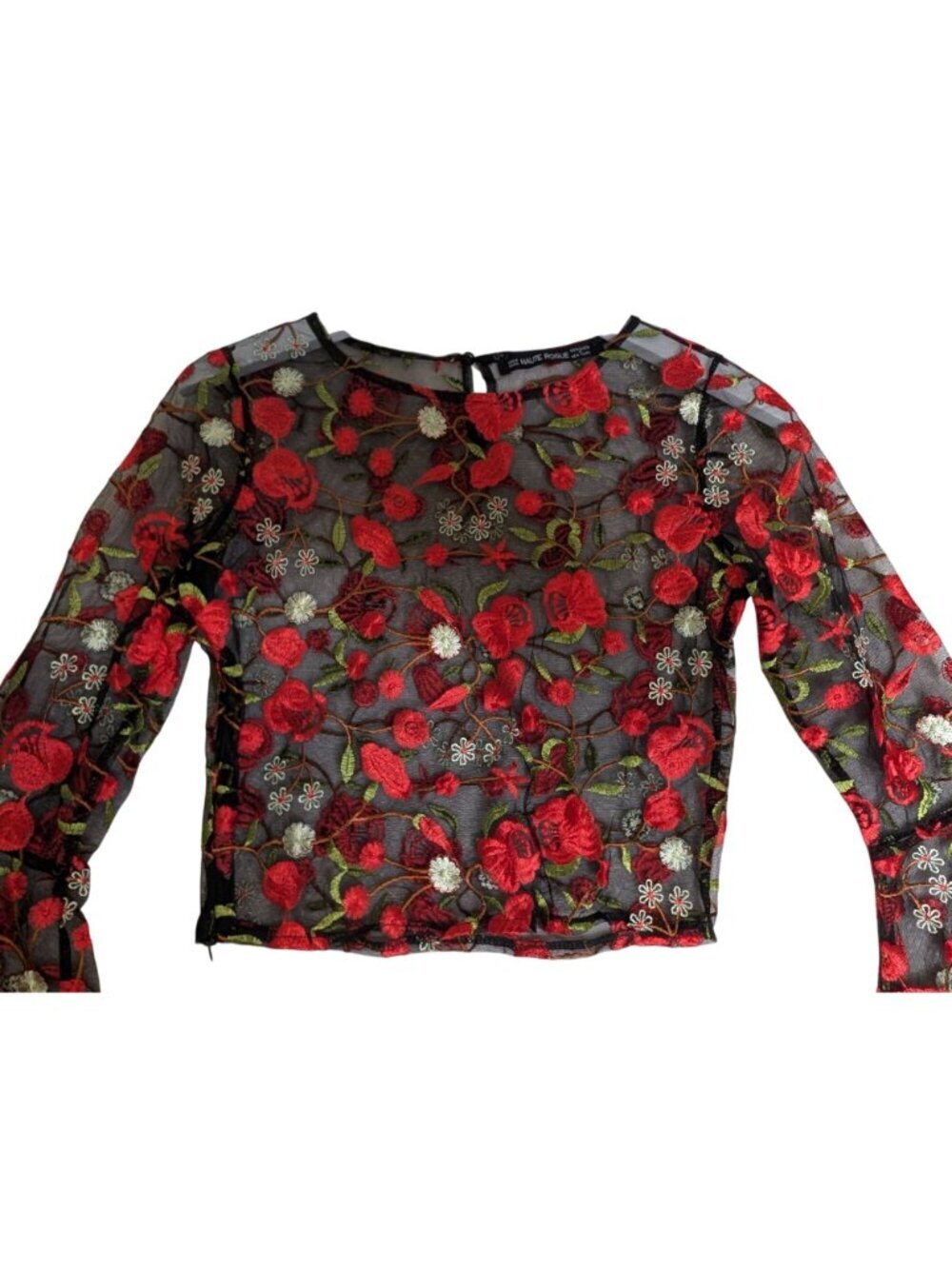 Embroidered Sheer Black Mesh Crop Top With Red Rose Design & Bell Sleeves By Hau - Picture 3 of 13